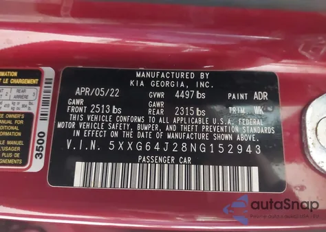 2022 Kia K5 Gt-Line из США, поврежденный, VIN 5XXG64J28NG152943